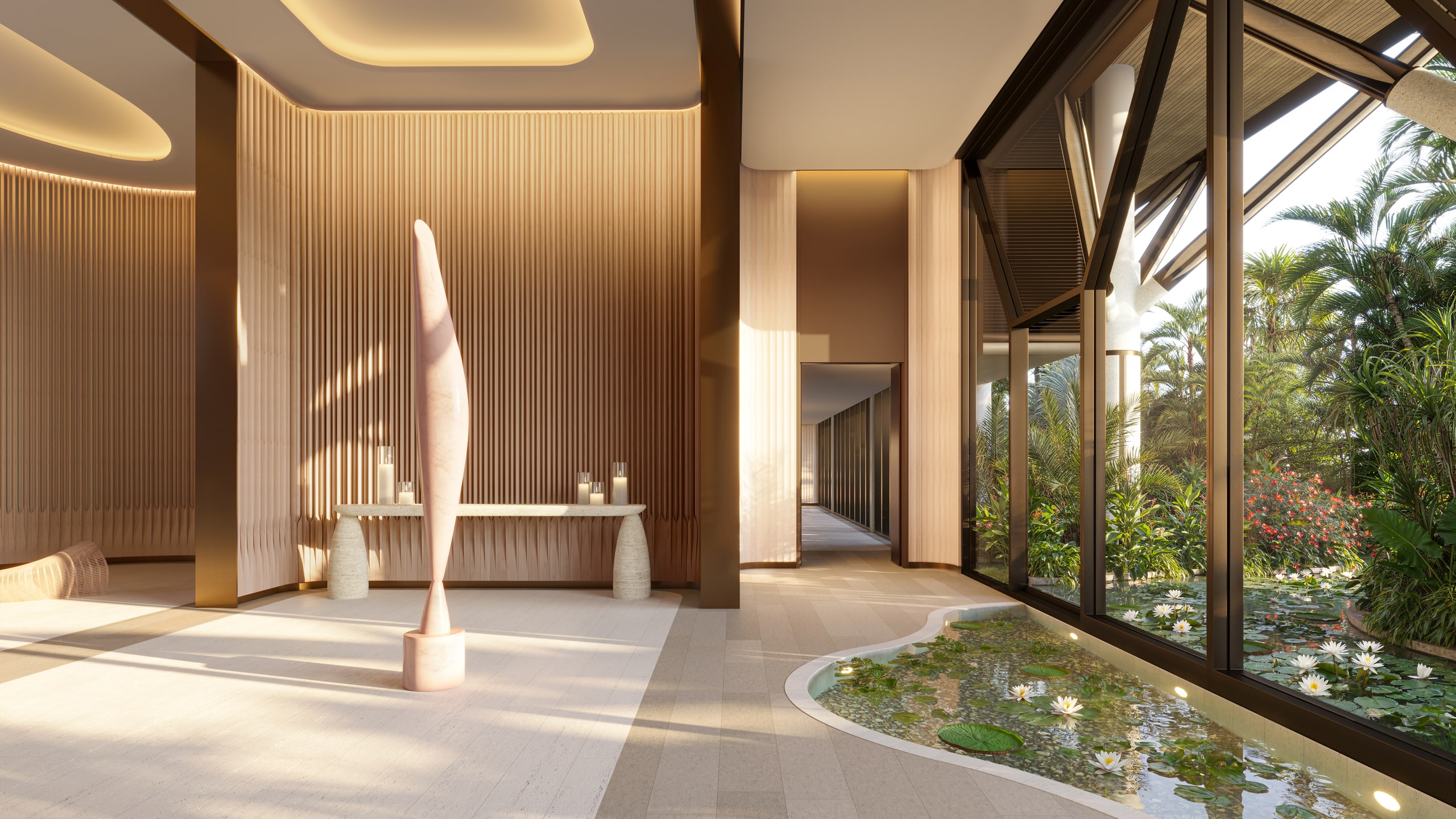 Grand lobby with water feature and sculpture