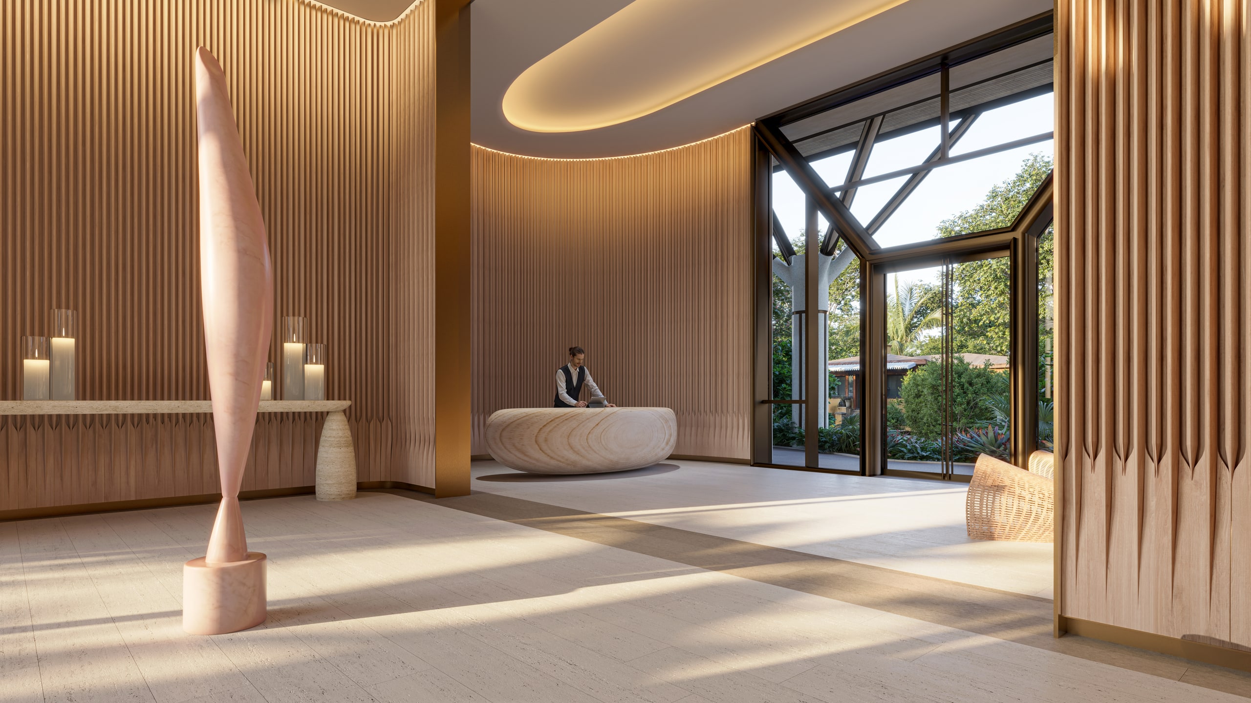 Lobby interior with slatted wood walls and angular glass canopy