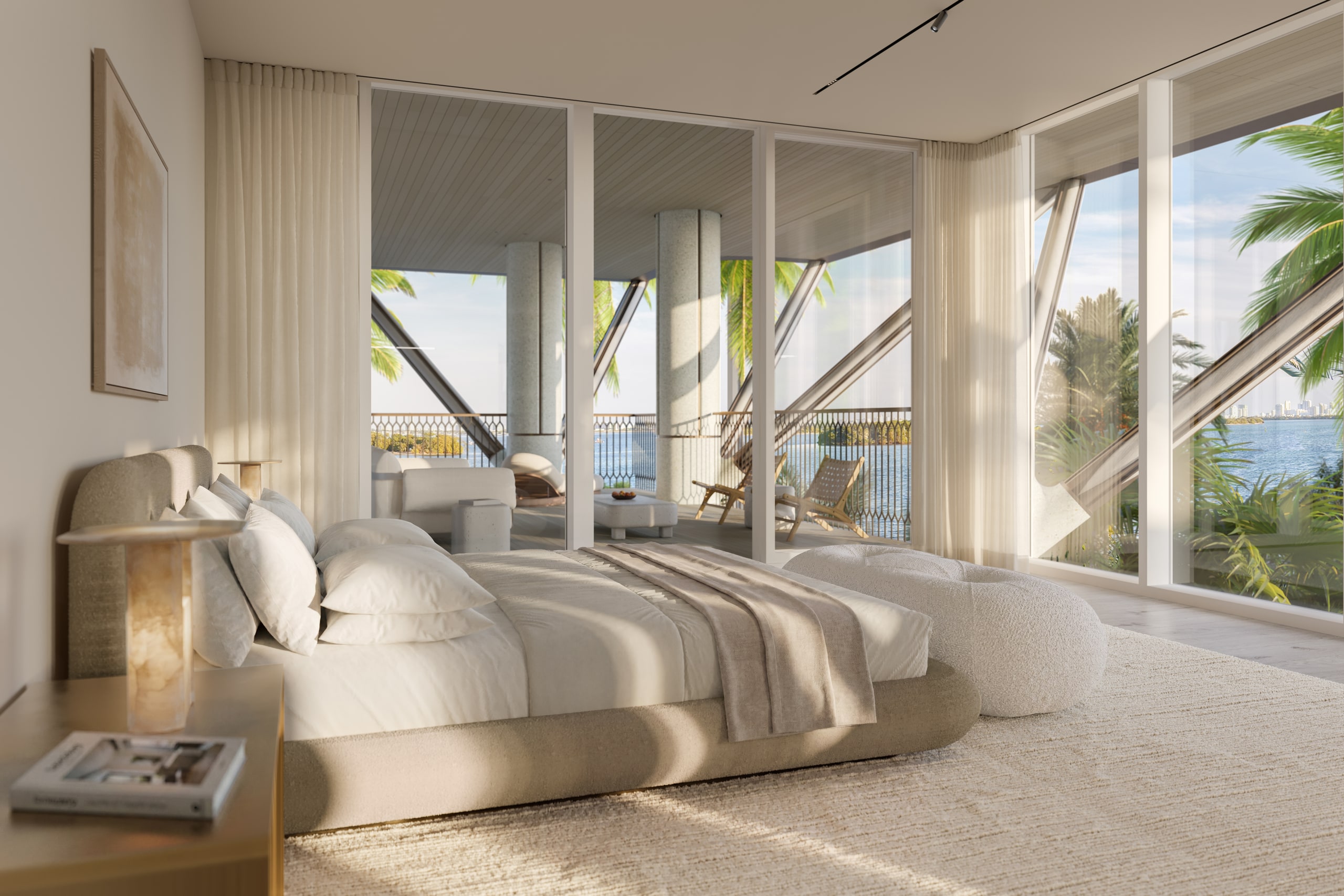 Town home master bedroom with angular windows and bay view
