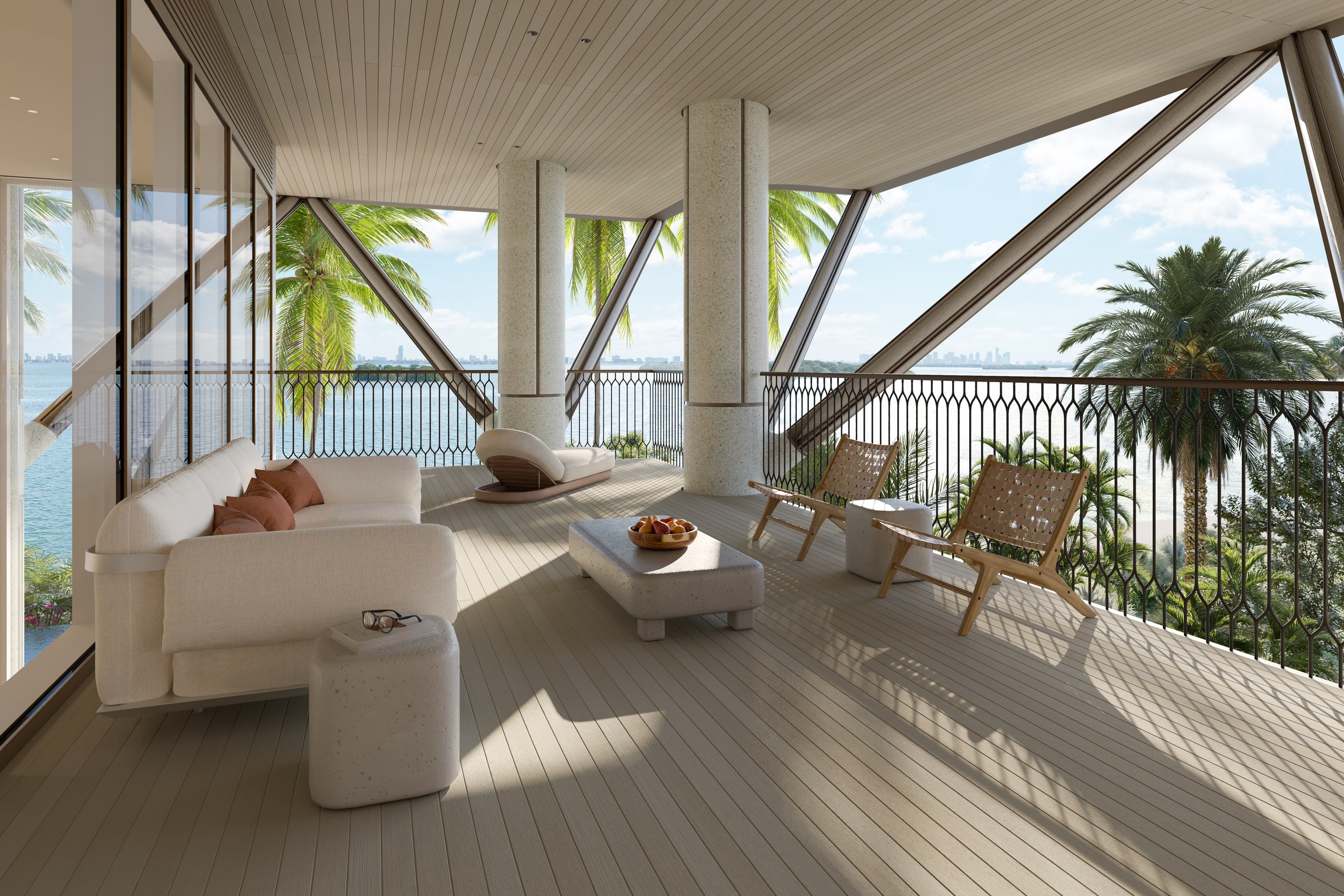 Covered terrace lounge with bay views