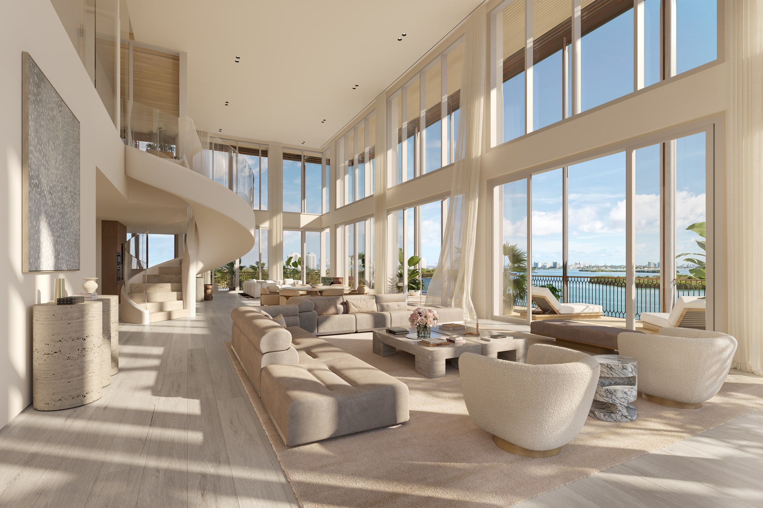 Duplex penthouse with double-height ceiling and spiral staircase