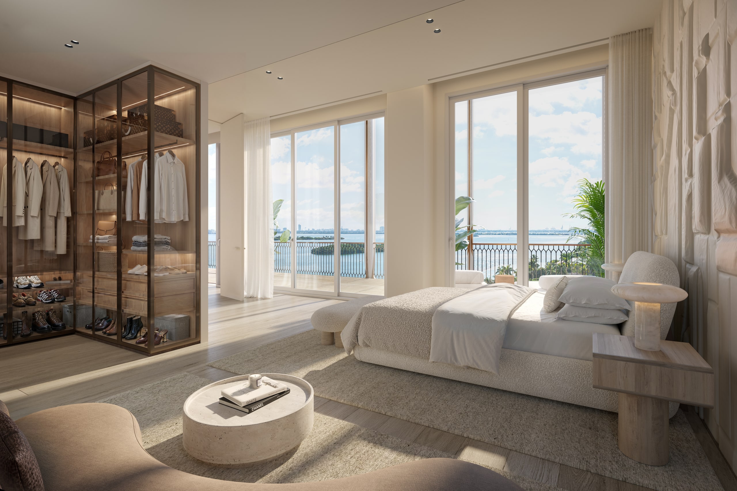 Primary suite with glass closet and bay views