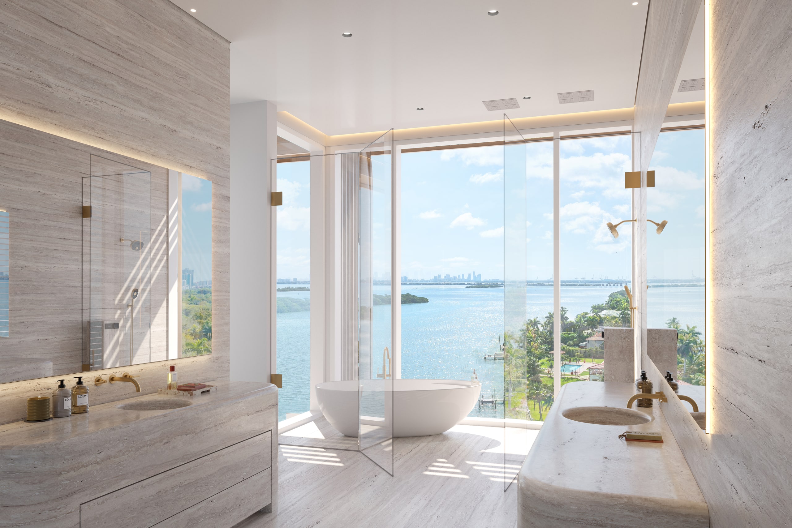 Spa bathroom with freestanding tub and bay views